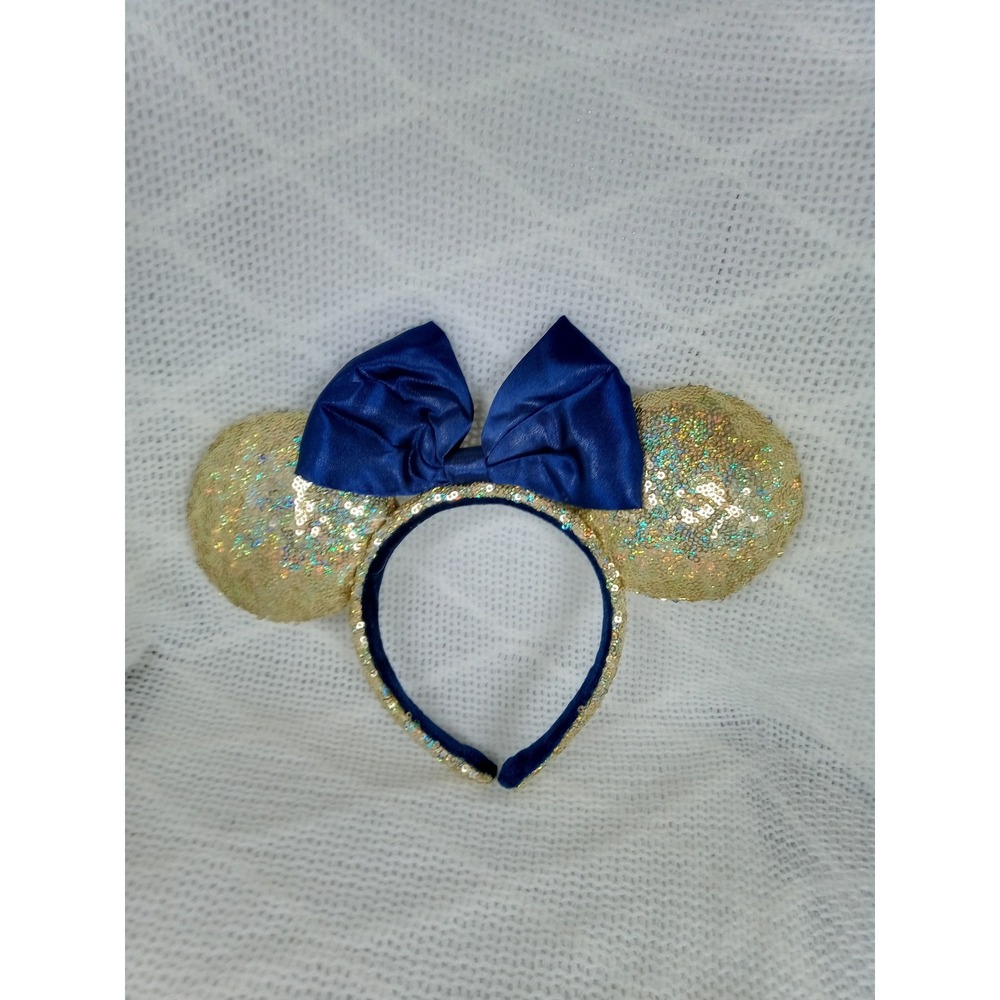 Disney Minnie Mouse Ears Headband Gold Sequins Royal Blue Bow Good Condition